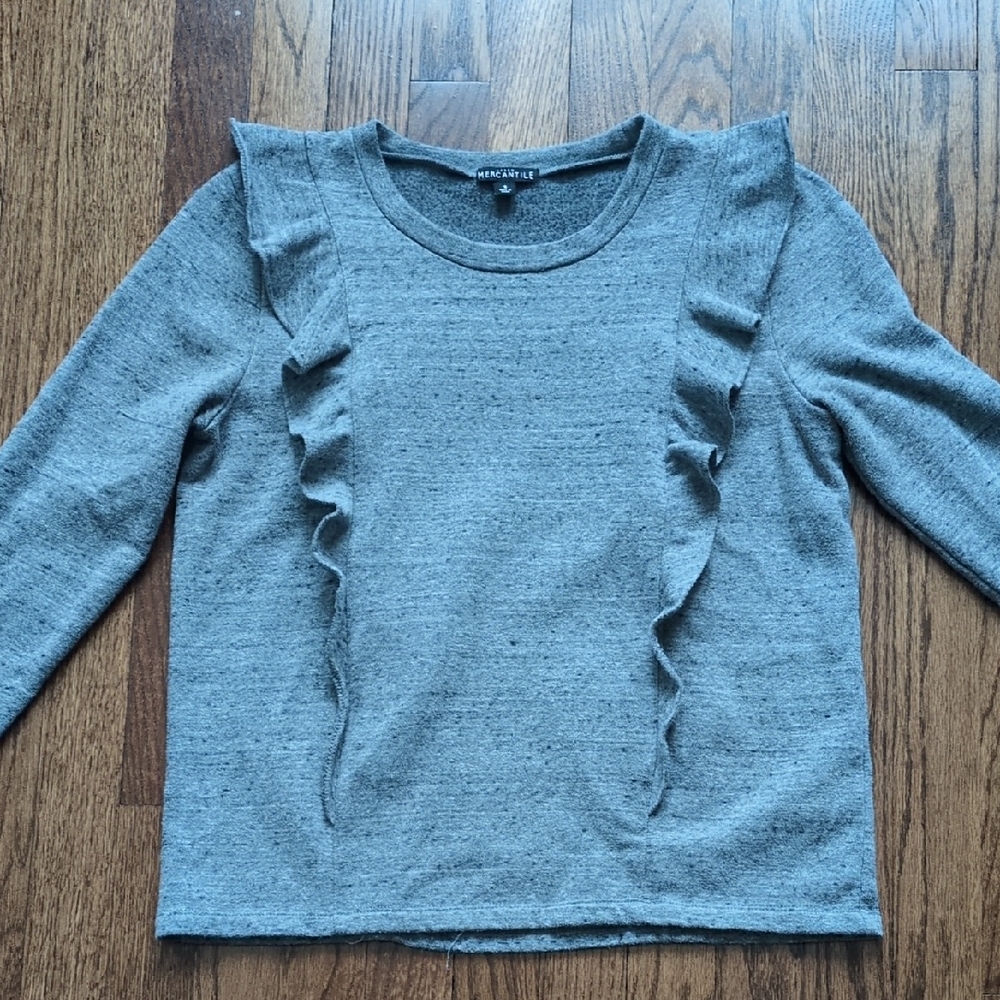 J Crew Mercantile Gray Ruffled Long Sleeve Sweatshirt